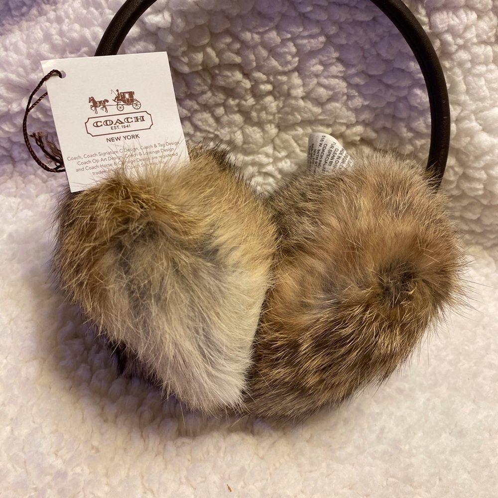 Coach Rabbit Fur Earmuffs, Winter Leather Black Band, Fur Ear Cover. MSRP $298 - Picture 2 of 4